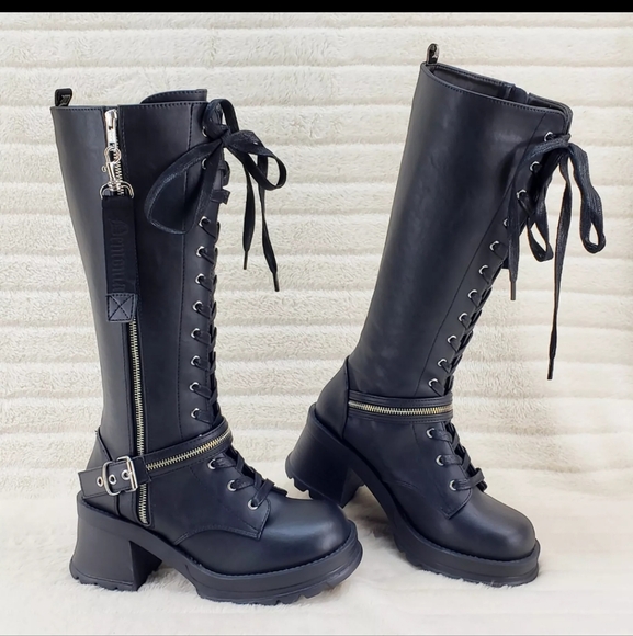 Bratty Block Heel Lace Up Punk Goth Biker Knee Boots - Picture 3 of 15